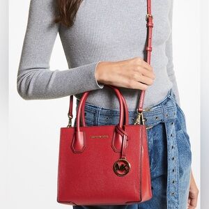 Michael Kors Mercer medium pebbled leather crossbody bag in red EUC